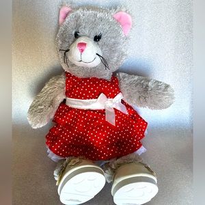 Build-A-Bear Workshop Grey Cat in red polka dot dress and white flats